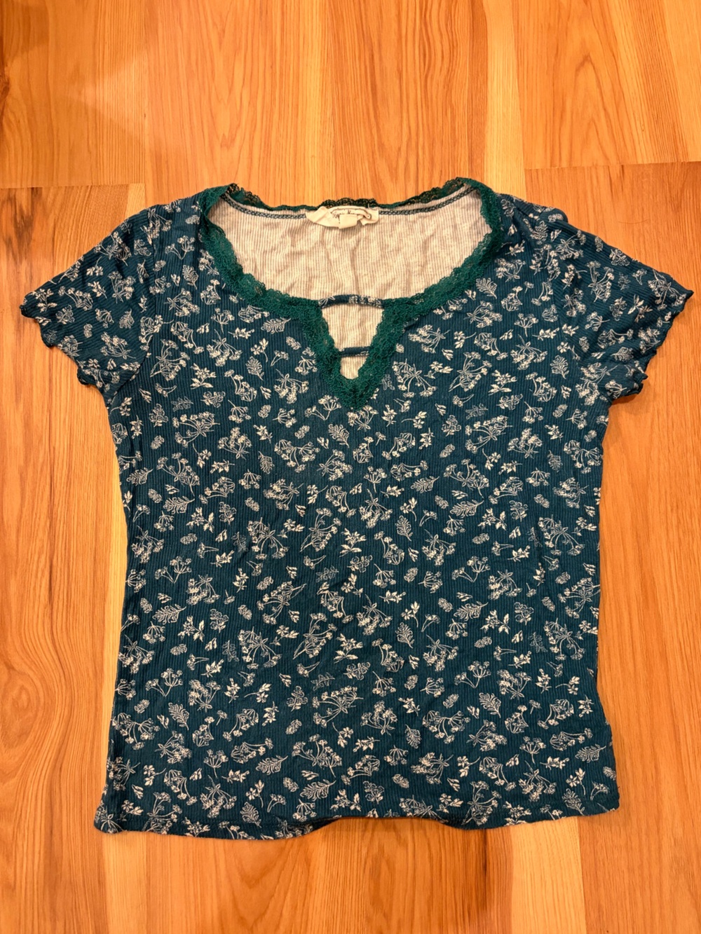 Hippie Rose Teal Floral Ribbed Short Sleeve Top